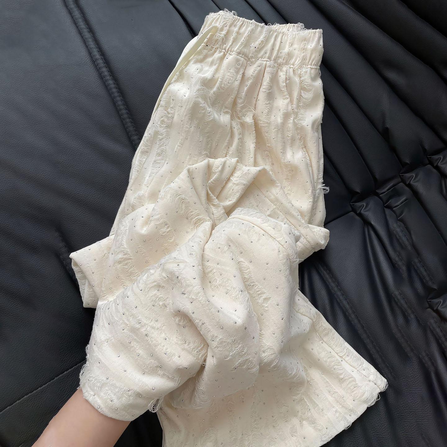 

Повседневные брюки Off - White с рваными деталями и отделкой стразами для женщин - Весенне-осенние драпирующиеся стройнящие повседневные брюки в пол с широкими штанинами 2XL