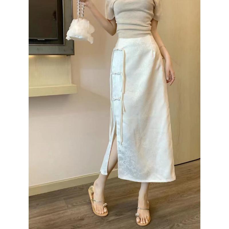 New Chinese Style Buckle Versatile Temperament Slit Skirt Summer New Retro High Waist Mid-length Skirt