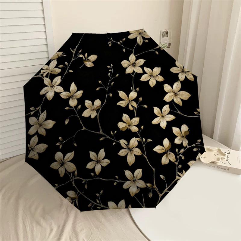 1pc Floral Pattern Black Automatic Folding Umbrella, Heavy Duty 8 Rib Iron Frame,  Suitable for Travel, Daily Use, Birthday, Decor Gift m0104080