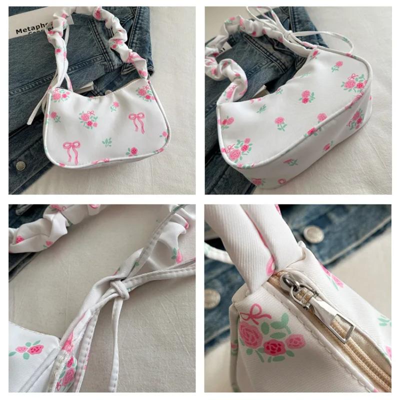 Women's Bags 2026 Summer Canvas Pleated Handbags Armpit Bag Korean Floral Bow Printed Zipper Tote Bag Female Small Shoulder Bag