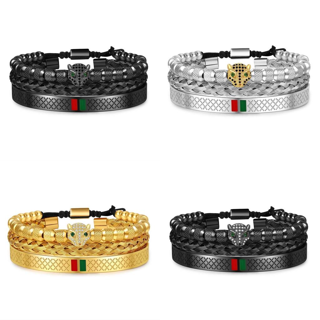 Hip Hop Leopard Head Zircon Copper Stainless Steel Bracelets Set For Men And Women