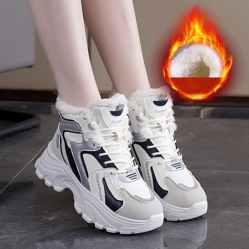 Women's high top large size soft sole fall and winter warm fur one snow boots padded lining non-slip hiking casual sports cotton boots