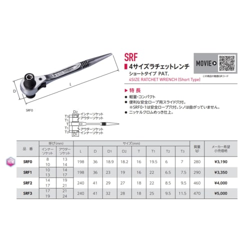 SUPERTOOL SRF2 4-Size Ratchet Wrench, Short Type [Nominal Dimensions 14 x 19, 17 x 21]