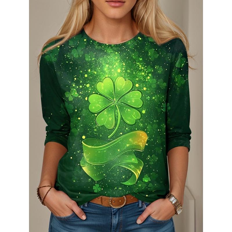 St.Patrick’s Day Green Lucky Clover Element Women's Long-sleeved T-shirt 3D Print Round Neck Festival Women Clothing Tops Tees