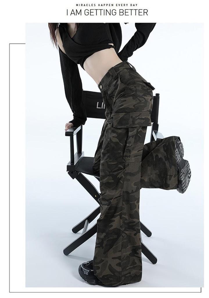 Women's American Retro Camo Work Pants: Spring High Street, Hip Hop Style, Loose Micro Flare, Floor-Length, Drape Casual Trendy.