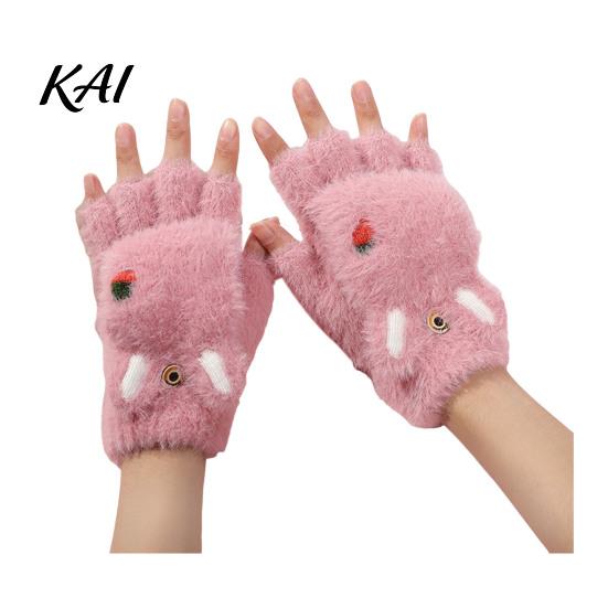 Practical Gift for Winter Furry Cat Paw Thermal Gloves, Flip Top Mitten with Button Women, Half Finger Writing Gloves Students Plush Cute Bear