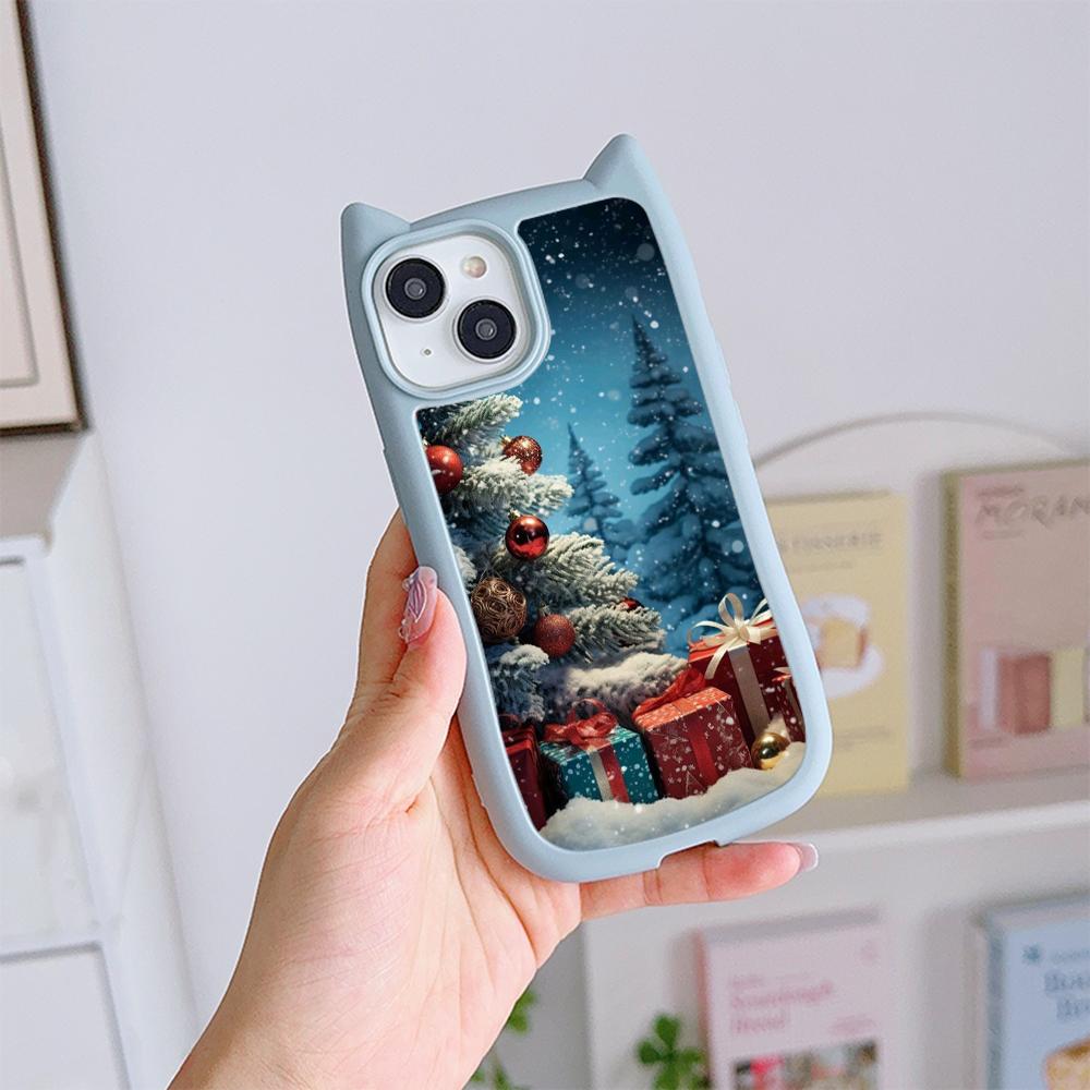 Cat Ear Soft Phone Case for iPhone 16 15 14 13 12 11 Pro Max Plus XR X TPU Anti-Drop Transparent Acrylic Back Cover NY28 Christmas tree Santa Claus