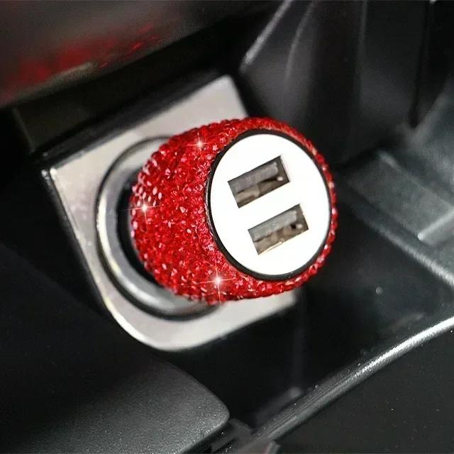 Dual USB Car Charger Bling Bling Handmade Rhinestones Crystal Decorations for Fast Charging Car Decors for IPhoneSamsung Amagi