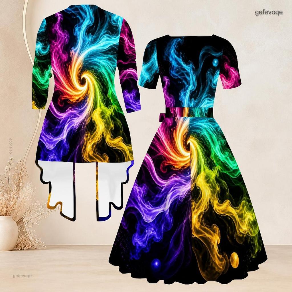 Women Plus Size Two Piece Set Three Quarter Sleeve Cardigan Square Neck Short Sleeve Tie Waist Flared Printed Dress
