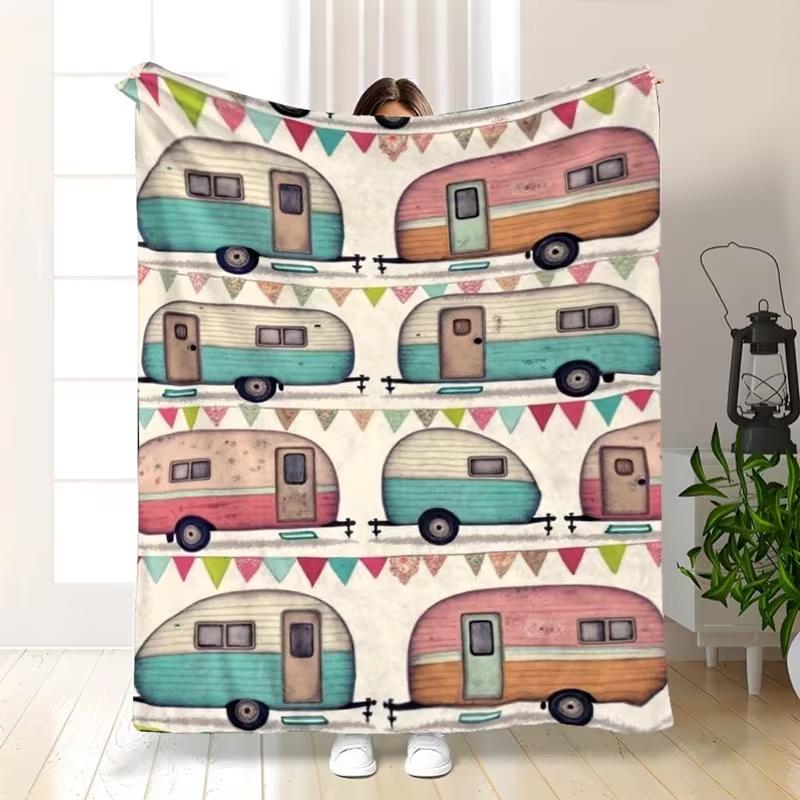 Happy Camper Flanell-Kuscheldecke Gemütlich Weich Warm Camping-Tagesdecke Geeignet für Alle Transporter Bäume Dekorationen Camping-Dekorationen