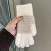 Simple striped knitted plush gloves for women, cold protection and warmth in winter, versatile outdoor cycling, dew fingers