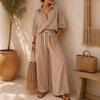 1116 European and American Summer New Fashion Striped Women's Long-sleeved Shirt Wide-leg Pants Two-piece Set