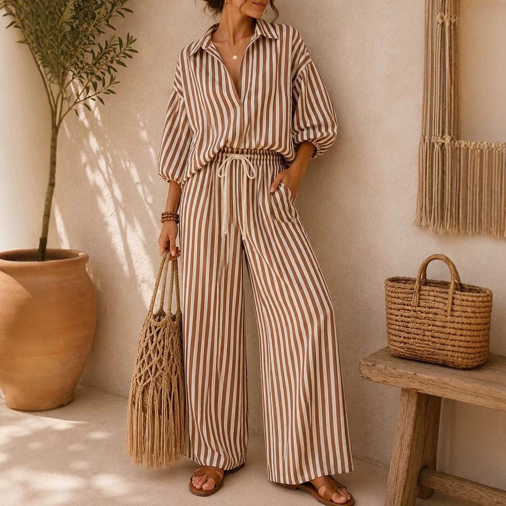 Fashion Striped Women Casual Long Sleeve Shirt Loose Pants Two Piece Set