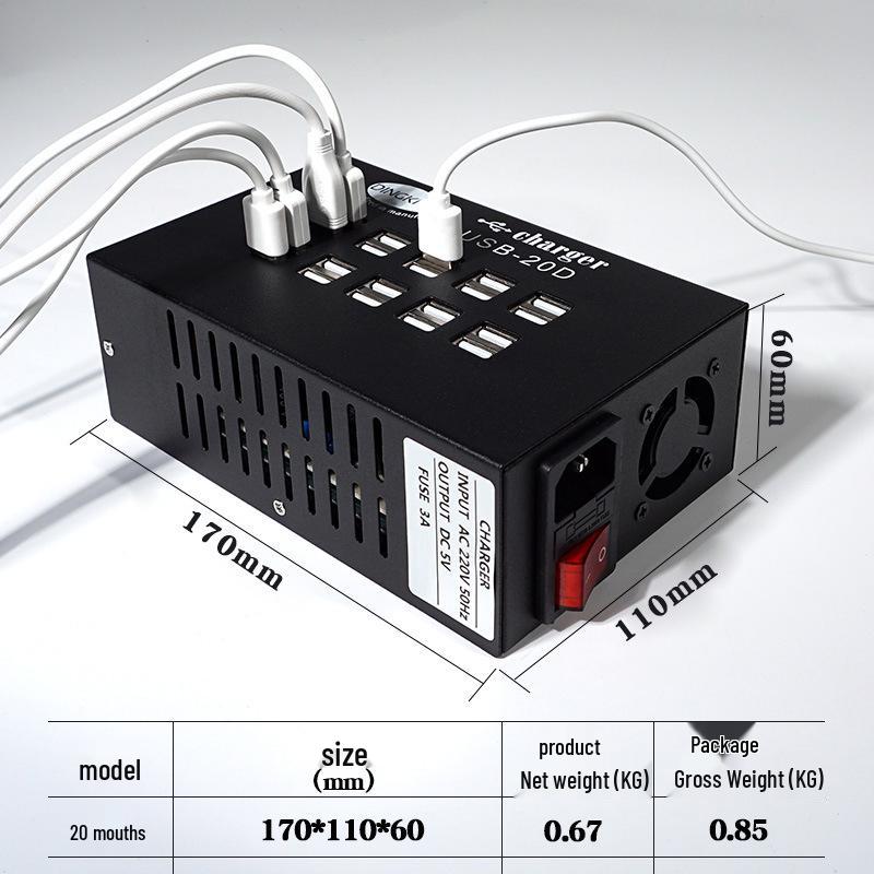 Multi-Port USB Charger Station: 20-Port Mobile Phone Charging Hub in Stock 20 double-port China cable