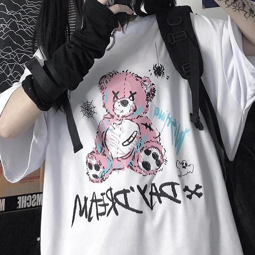 Kawaii Women T-shirt Streetwear Y2k Tops Little Bear Goth Printing Female T-shirt Unisex Short Sleeve Anime Oversized T-shirt