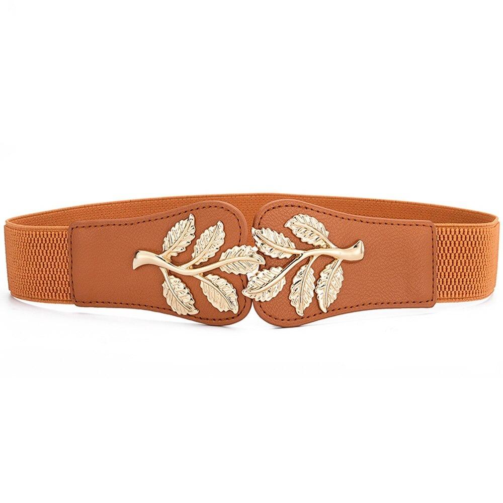 

Buttons Wide Belt Gold Leaf Elastic Waist Fashion Hook Buckle Waistband Paired With Skirt