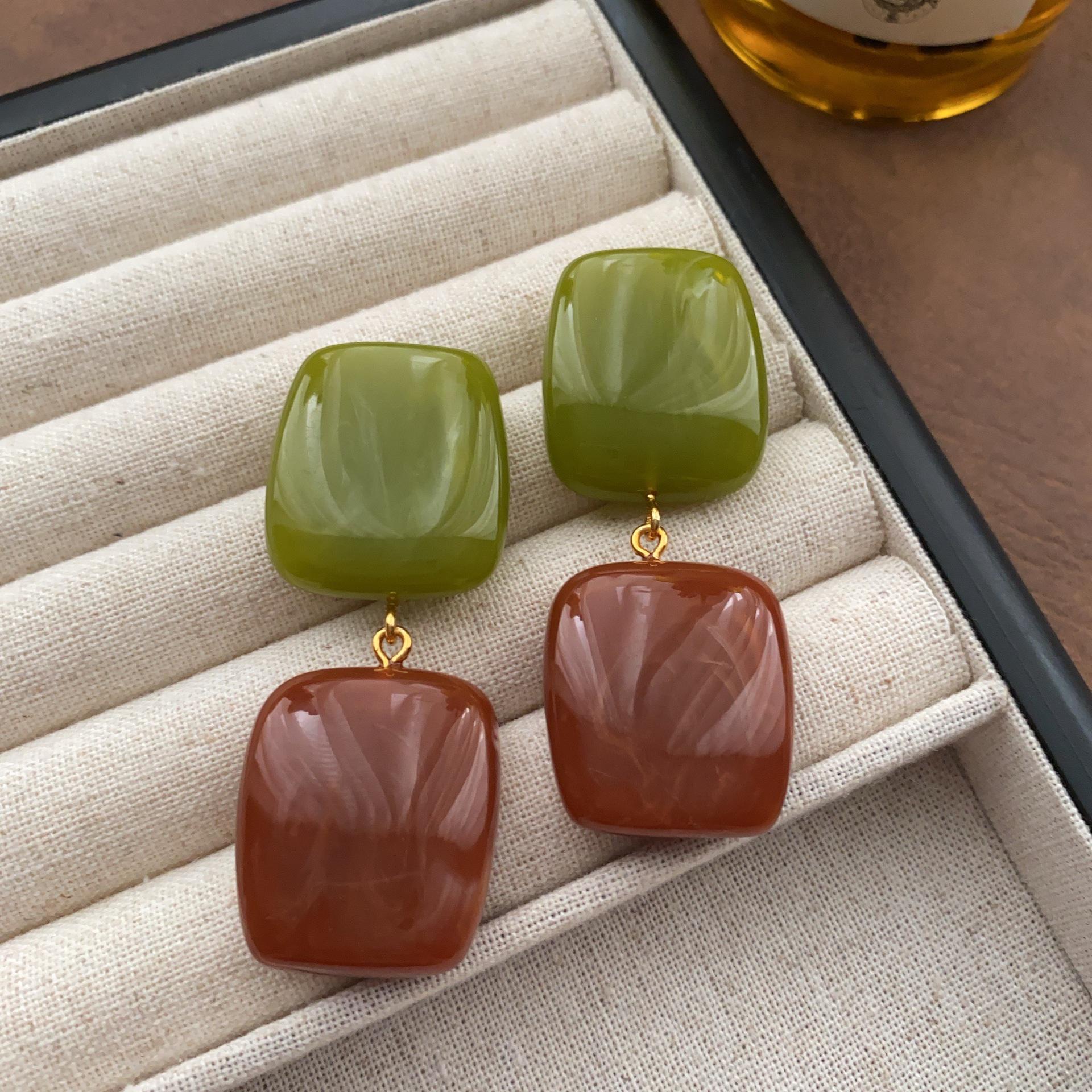 

Корейські двоколірні квадратні сережки-підвіски з текстурою смоли - Ретро елегантний стиль