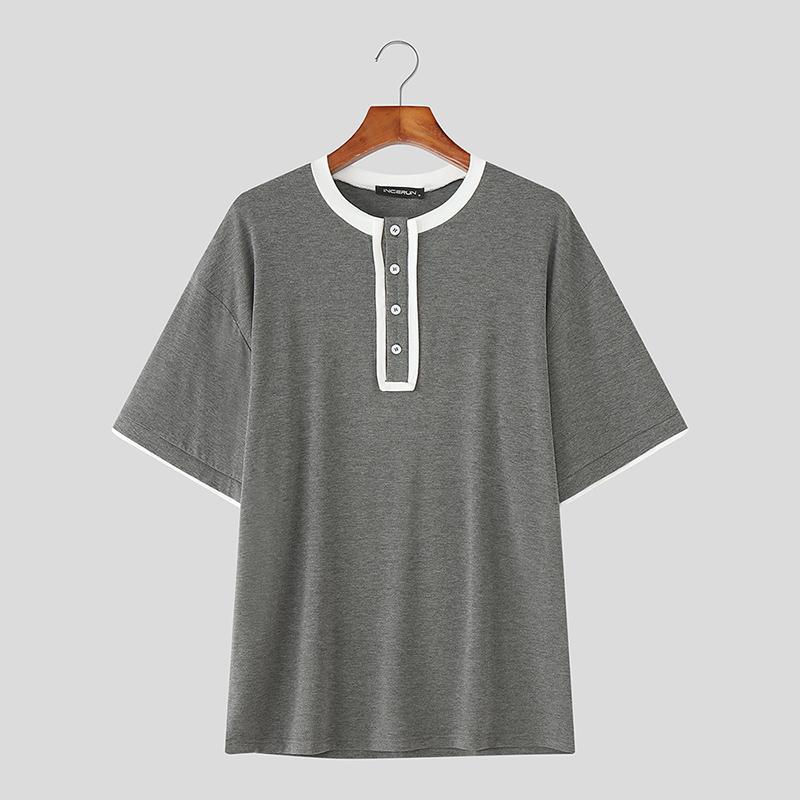 

INCERUN Men Round Neck Short Sleeve Stitching Casual Loose T-shirts 5XL сірий колір