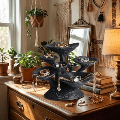 3D-gedruckter Pilz-Schmuckständer Schwarzer glänzender Kunststoff Schmuckaufbewahrungsturm Mehrschichtige Aufbewahrungsregale Schmuckschale
