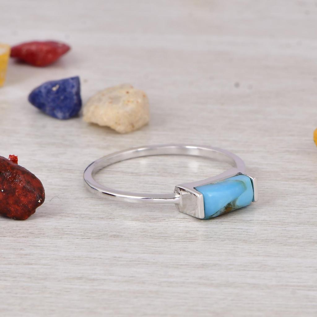 Natural Turquoise Bar Ring 925 Sterling Silver, Minimalist Turquoise Ring, Dainty Stacking Ring, Handmade Jewelry Gift.