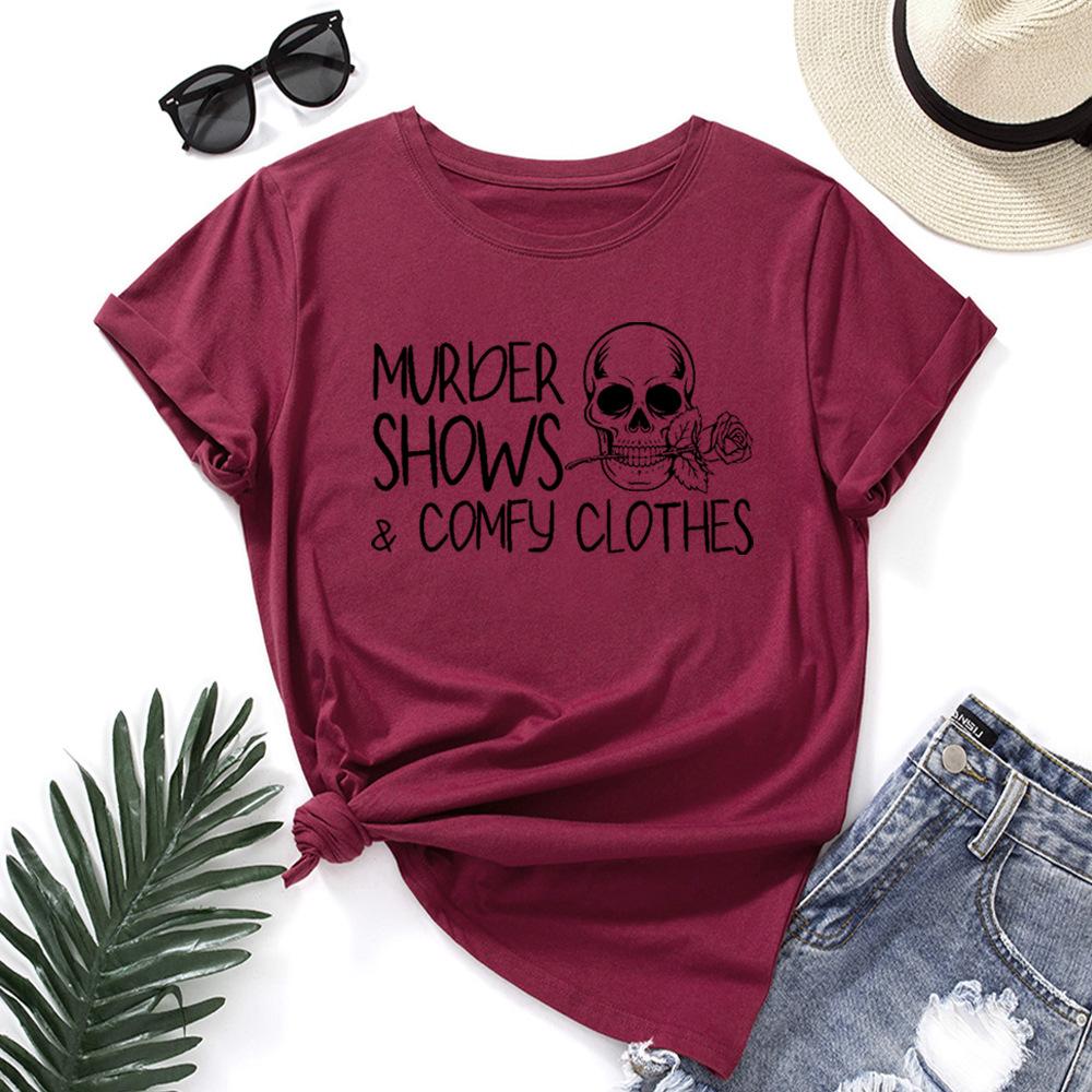 Skull Rose Alphabet Cotton T-Shirt Short Sleeve Round Neck Women 2d Print Tops