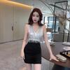 New Sexy Low-cut Off-the-shoulder Sleeveless Metal Wind Hip-wrapped Short Contrasting Color Splicing Bottom Hip-wrapped Dress