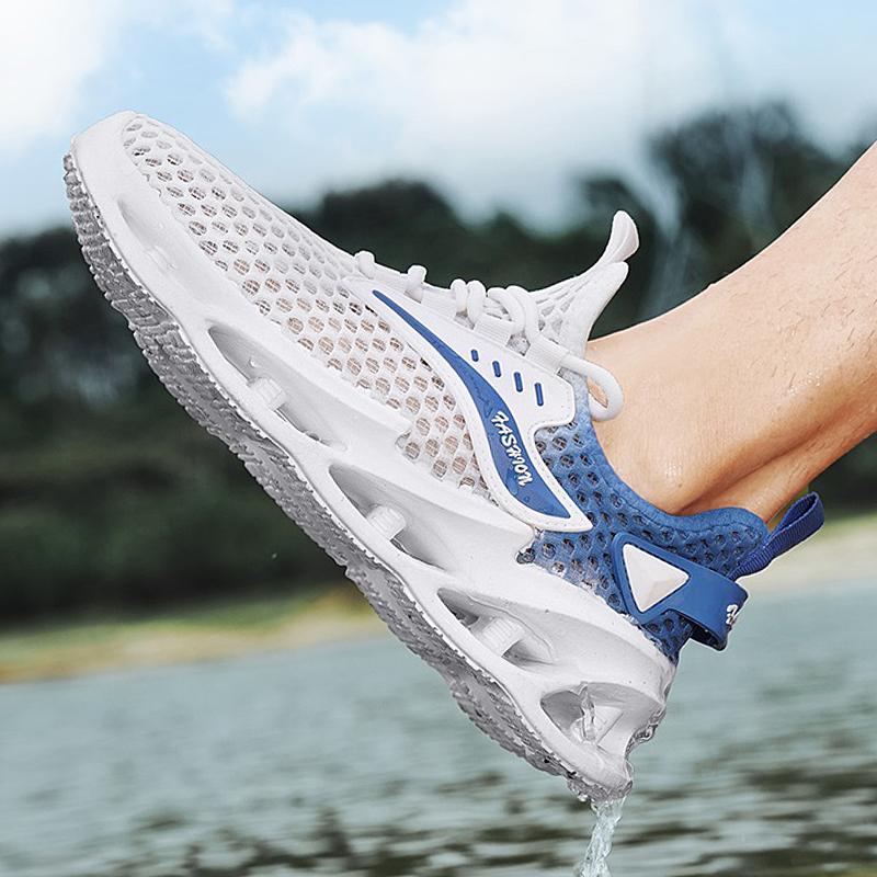 Men's Summer Breathable Aqua Shoes Mesh Running Shoes Lightweight Soft Bottom Water Sport Casual Trendy Footwear Lace-Up