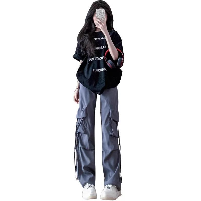 Petite High Waist Pink Cargo Pants - Women's Spring/Summer Wide Leg Floor-Length Parachute Pants