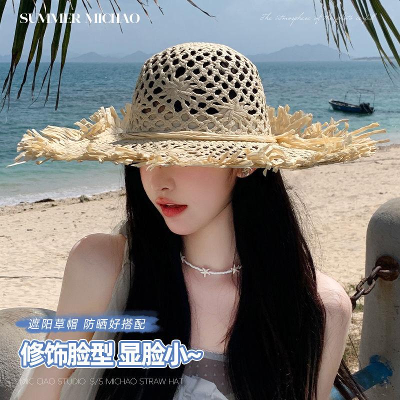 New big brim hollow straw hat women's summer seaside vacation beach sunshade sun protection photo sun hat trend