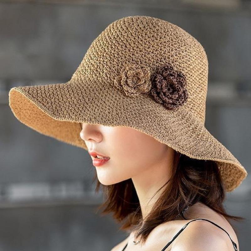 Women Handmade Floral Woven Straw Hat Wide Brim Breathable Foldable Outdoor Beach Travel Sun Shade Cap