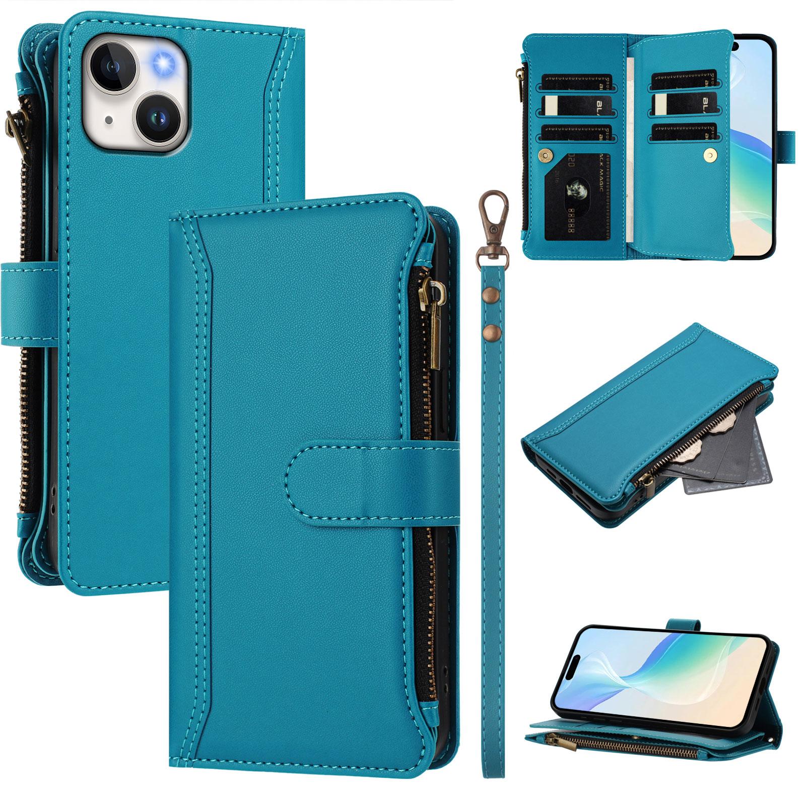 

For iPhone 15 Leather Case 9 Card Slots Zipper Wallet Stand Phone Cover with Wrist Strap D
