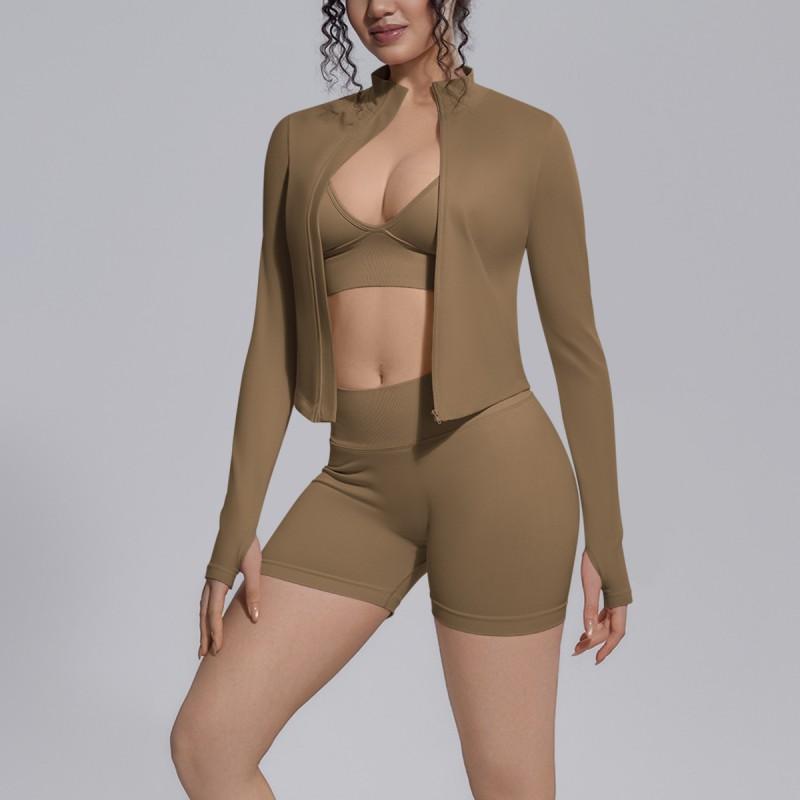 Seamless Yoga Workout Set Zip Jacket Sports Bra V-Waist Shorts Leggings Gym Fitness Outfit
