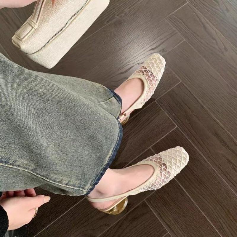 Fashion French Temperament Square Head Braided Bag Head Comfortable Sandal Spring and Summer New Fashion Crystal Single Shoes Dark Brown