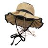 Basic Enchi Flutter Solid Hat Chin Strap Foldable Easy To Carry Sunshade Pleated Hat with Ribbon Linen Blend Natural Material Hat Antibacterial