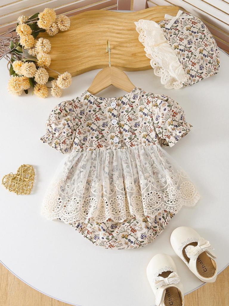 Newborn Girl's Lace Romper - Summer Short Sleeve Princess Outfit for 100 Days