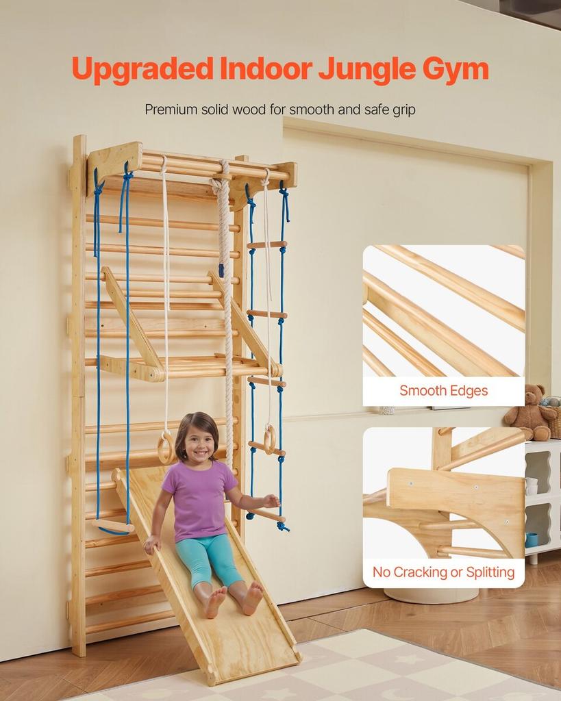 Swedish Ladder Wall Gym, 8-in-1 15 Levels Solid Wood Indoor Jungle Gym, 220LBS Wall Stall Bars Climbing Playset with Wall Ladder, Slide Board, Pull-Up