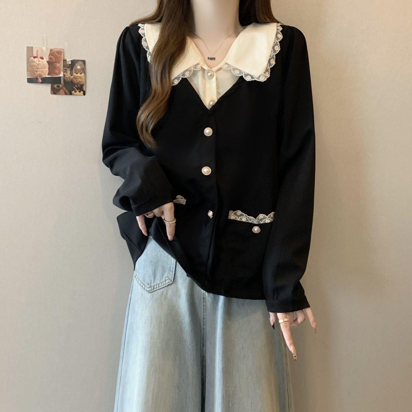 Plus Size Women s Peter Pan Collar Shirt – Autumn/Winter Slimming Two-Piece Style, Age-Reducing Top. XL [60-70 kg]