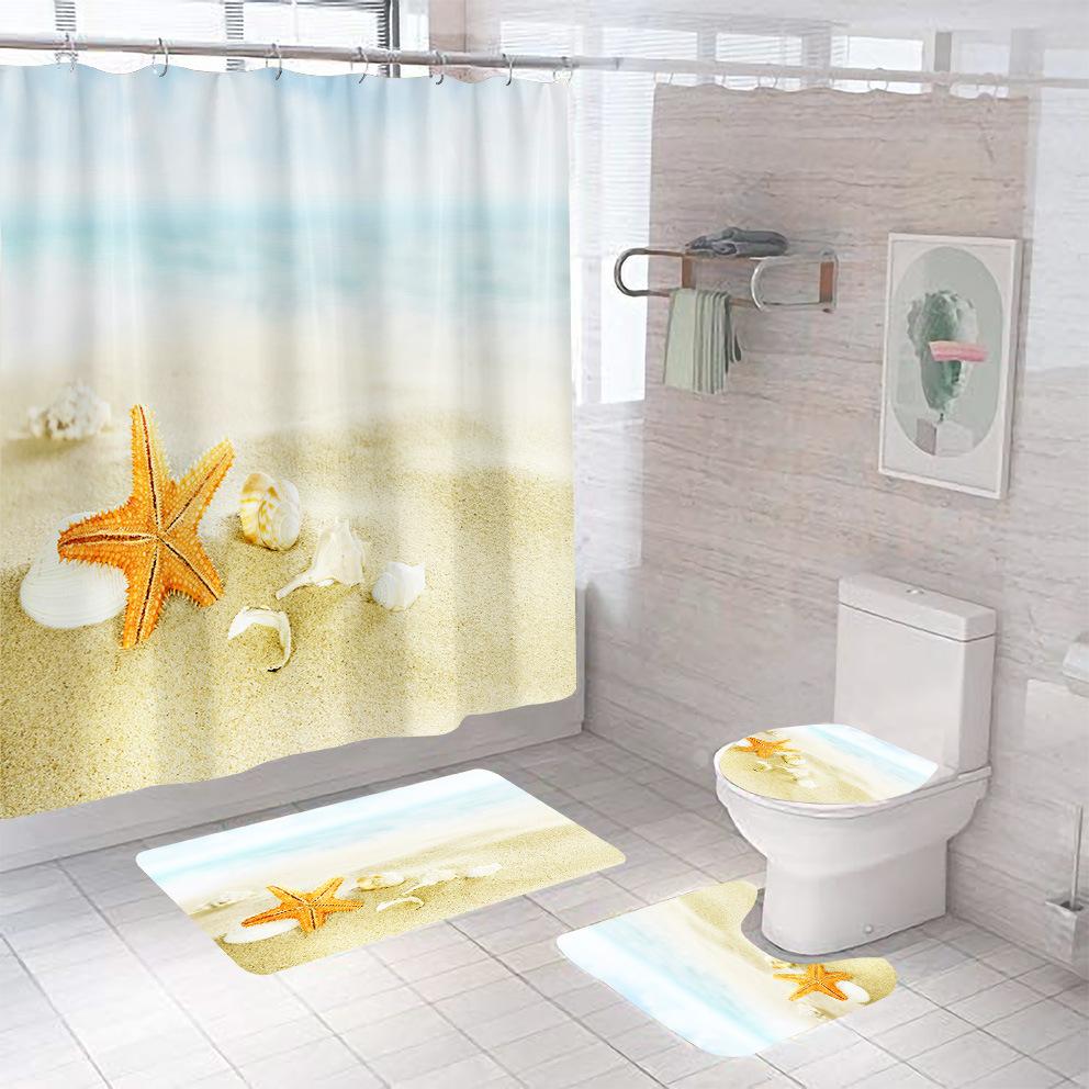 Bathroom Shower Curtain Four-piece Digital Printing Beach Shell Waterproof Shower Curtain Shower Curtain Partition Curtain Bath Mat