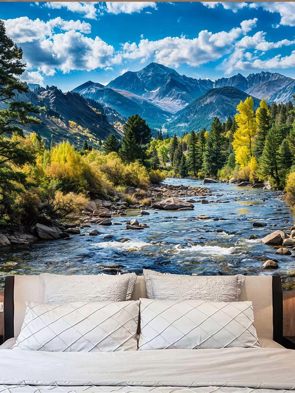 Natural forest tapestry green pine bedroom tapestry aesthetic white clouds flowing river landscape classroom 100x150cm