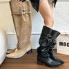 Fashion New Style Popular Winter Black Punk Round Toe Knee-High Women Boots Square Heels Buckle Strap Ladies Boots Shoes Zapatos Mujer
