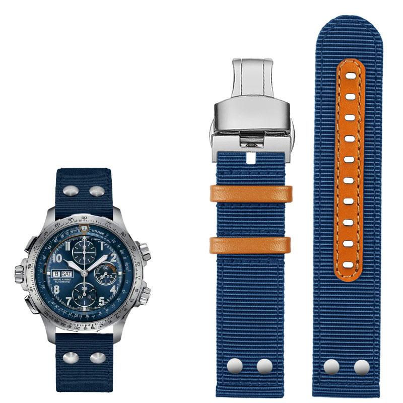Nylon+Leather Watchband For Sei-ko Hamilton Khaki Aviation Beyond Wind Series Canvas with Rivet Military Watch Band Strap 22mm