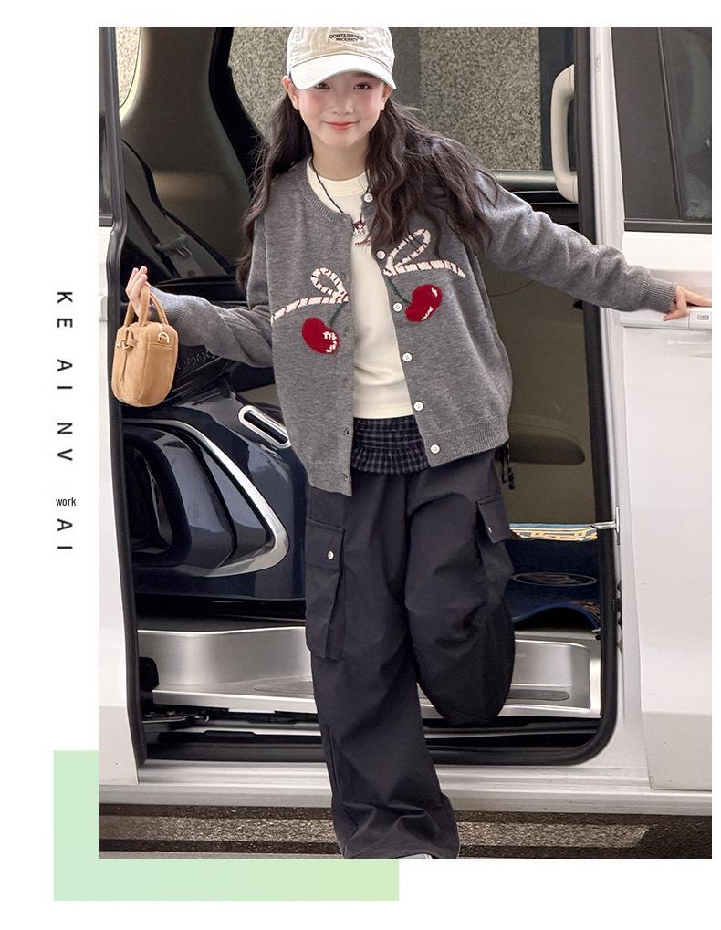 Cherry Embroidered Girls' Cardigan - Autumn 2026 Long Sleeve Knit Top for Medium and Older Children.