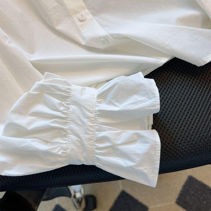 French Fungus Edge Shirt for Women Vintage Short Style Stand Up Collar White Shirt
