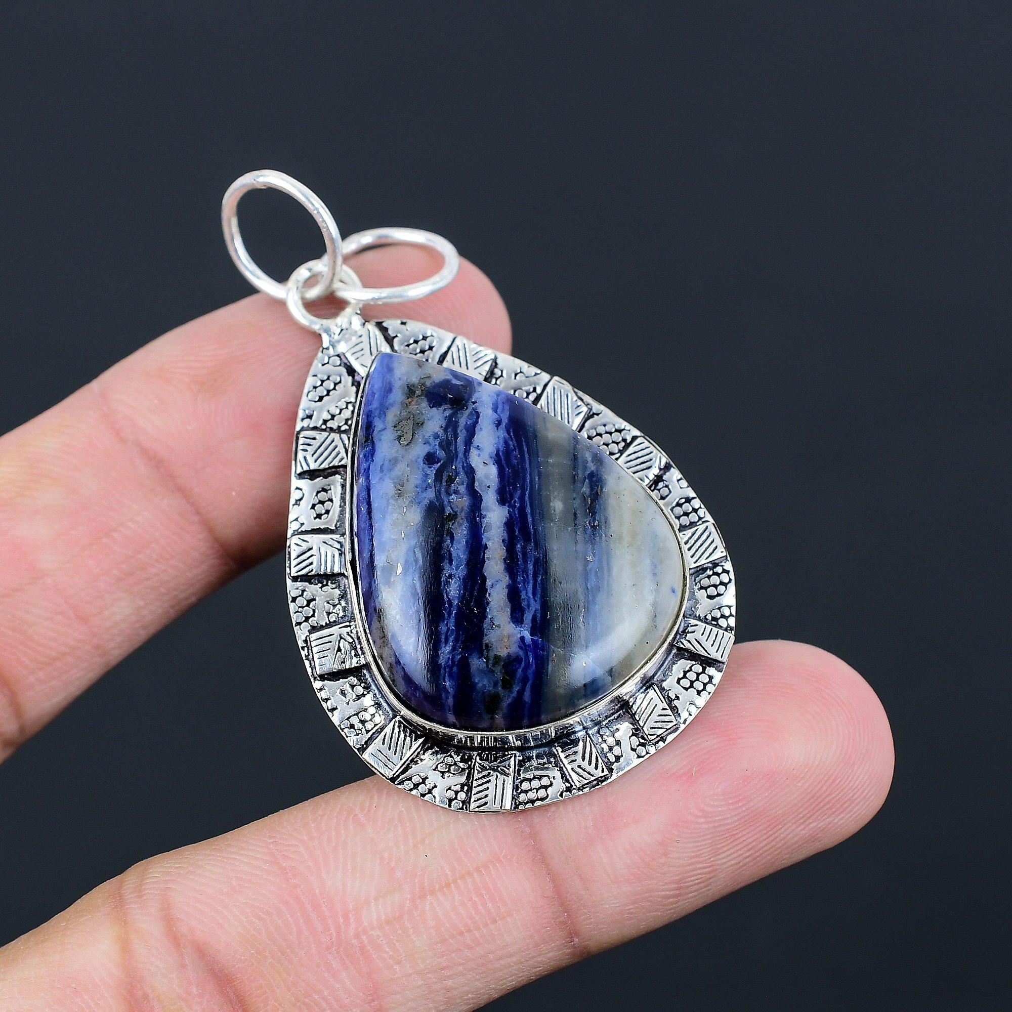 

Daughters Day Deal 925 Silver Pear Natural Sodalite Wife Bezel Birthday Pendant