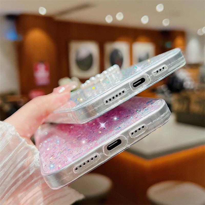 Luxus Glitzerpuder Silikonhülle für iPhone 15 Pro Max, 12, 11 - Doppelschichtiges Perlen-Liebes-Design, Fallschutz