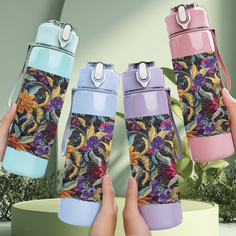 1PC Dark Rich Toned Floral Bouquet Print 750ml Color Plastic Sports Water Bottle Leakproof Flip Straw Lid Suitable for Sports Office Home Use