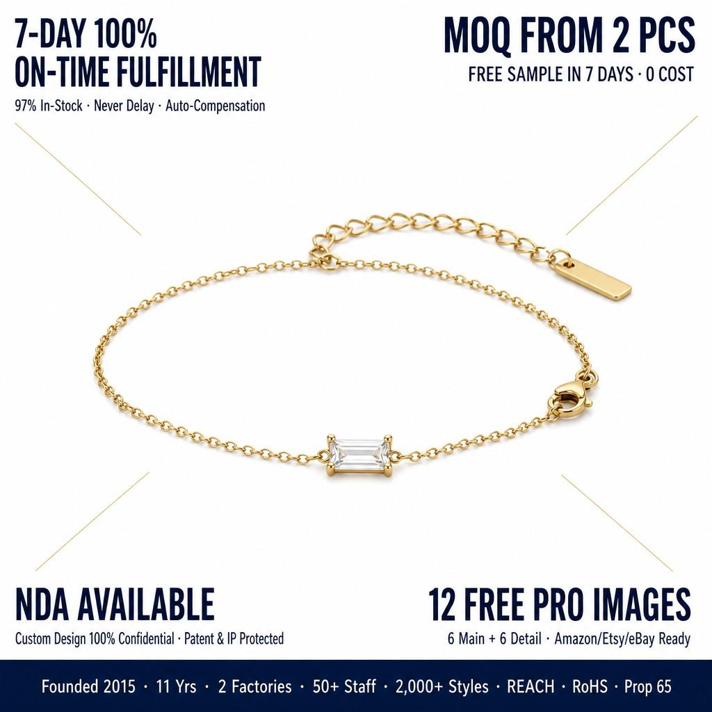 Ready to Ship 18K PVD Gold Plated Rectangle Zirconia Stainless Steel Charm Bracelet for Women Jewelry