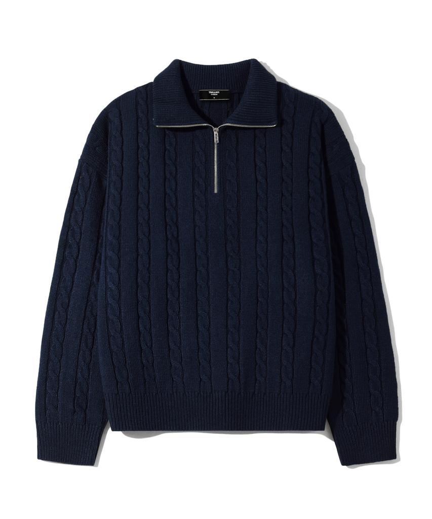 TRILLION Washable Half-Zip Collared Cable Knit (Current Navy)