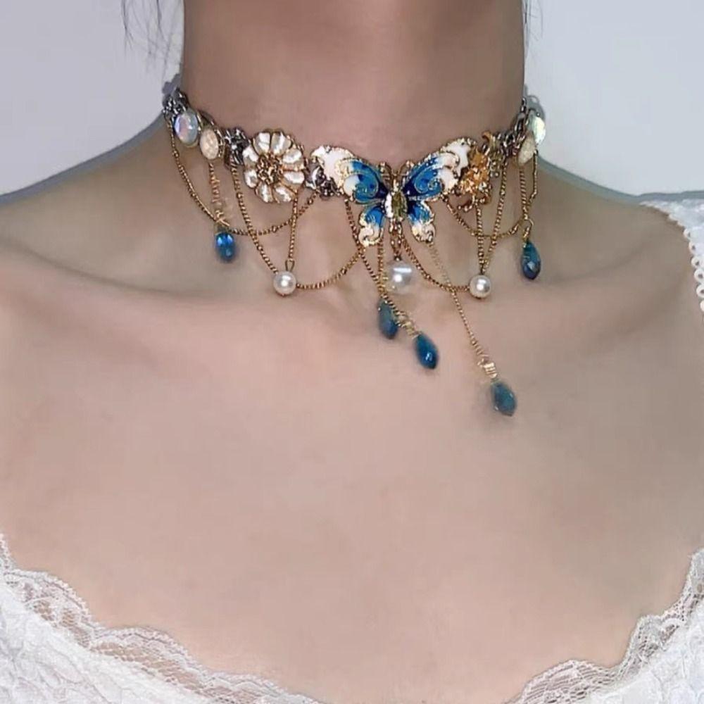 Vícevrstvý náhrdelník s kamínky ve tvaru motýla Sladký dámský choker s třásněmi Křišťálový náhrdelník Pro dívky