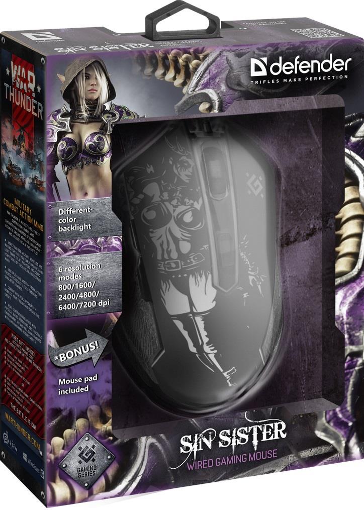 Mysz przewodowa Defender Sin'Sister GM-933 7200dpi 6P + podkładka Gaming + GRA